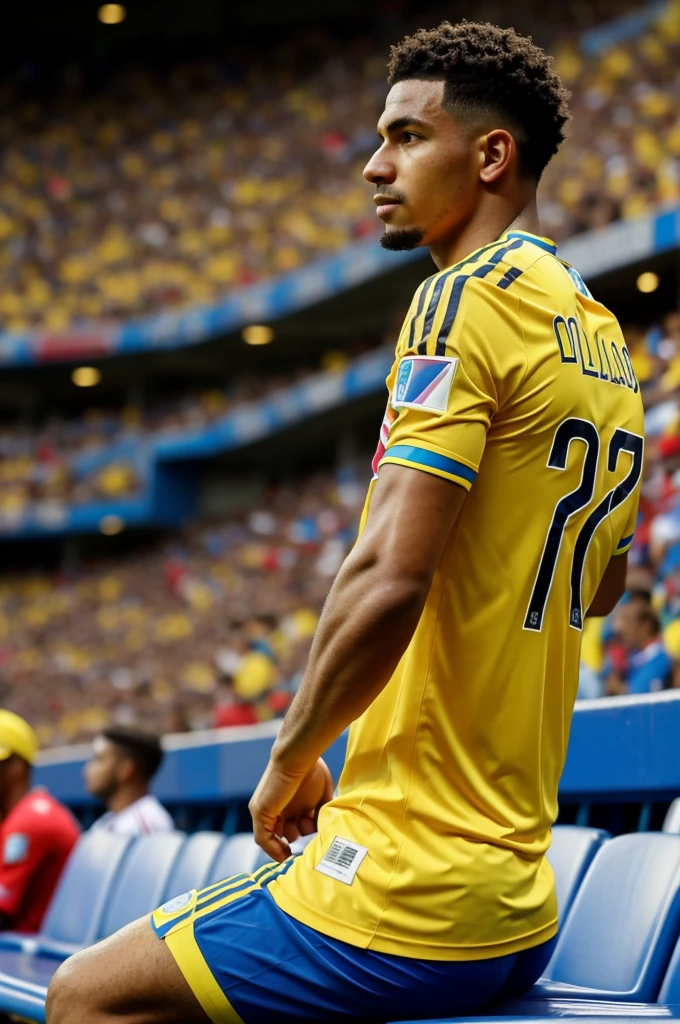 A man sitting in the stadium who has a Colombia shirt and says Alexander on the back 
