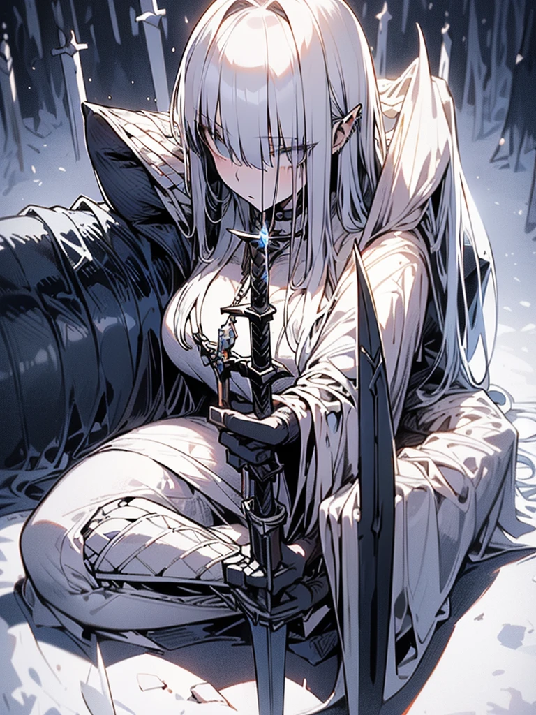 a mature tall slender woman with long white hair wearing a hooded white cloak, full silver armor, ((((holding a sacred sword)))), kneeling in a dark fantasy landscape with dense fog, cold weather, hurricane, lightning, snow, dramatic shadows and cinematic lighting, (best quality,8k,ultra-detailed,masterpiece:1.2),photorealistic