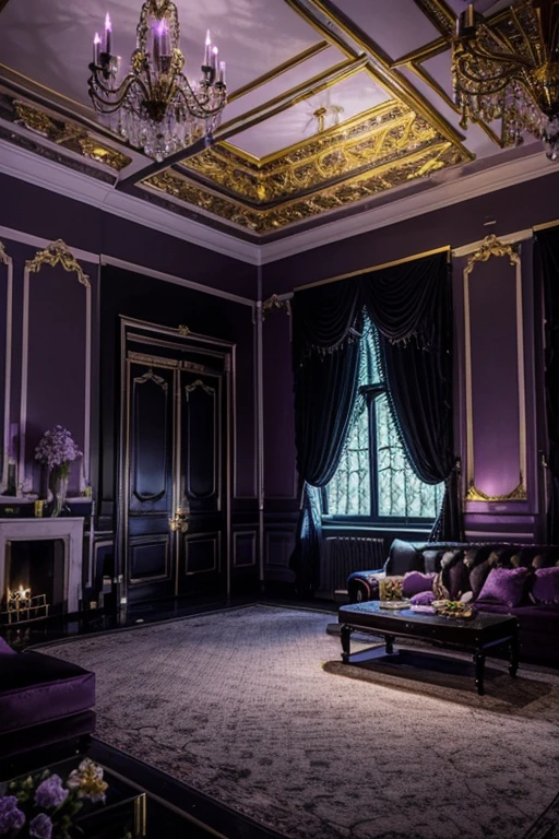 Illuminating the black jungle with white castles, lilac floral madness, violets and yellows, a gloomy room, glamorous and ostentatious in a gothic castle 