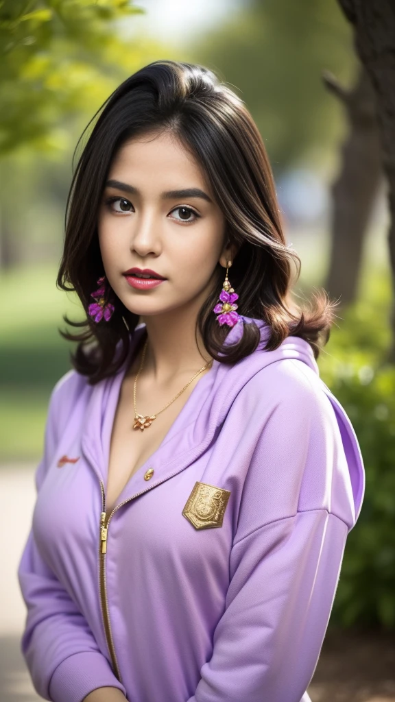 photography, woman, portrait of woman wearing purple hoodie clothes, red lipstick, golden necklace, earrings, ornate, detail, flowers, blurry background, soft focus