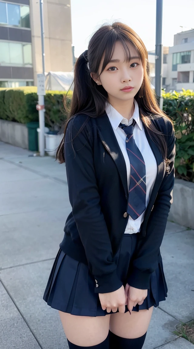 Mix 4, (16K, Raw photo, Best image quality, masterpiece: 1.45), (Realistic, Photorealistic: 1.37), One Girl, cute, Cityscape,, Professional Lighting, Photon Mapping, School classroom, Physically Based Rendering, Dark brown hair,Ponytail hairstyle, Beautiful, well-groomed eyes、((double eyelid))、Super cute girl, (((school uniform、blazer、Long-sleeved shirts worn by Japanese high school girls、Ribbon tie、Dark blue mini skirt,、Dark blue socks、Black Loafers))), Highest quality photos, High resolution, 1080P, (Clear Face), (Detailed face description), (Detailed hand description), (masterpiece), (Exquisite CGI)、Extreme light and shadow、Disheveled Hair、masterpiece、Rich details、(Beautiful Faces)、(Highest quality photoasseter muscle area)、(Detailed eyes)、Look in front of you、Thin clavicle、((Slim and large))、(((Japanese female students are wearing jackets and long-sleeved shirts)))、((Pure Idol))、((school gate、Schoolyard、School building in the background))、(Shot from random perspectives)、(((とにかくcute)))、Earrings、Big smile、Drawing the whole body from the knees、No nasolabial folds、(((Sports bags used by Japanese female students)))、(Large saggy breasts:1.2)、Firm big ass、Two arms and two legs、(((from the front:0.7)))、bare hands、(((Symmetrical eyes)))、Standing pose、Place your hands on the desk、Please do not remove the tie from the jacket、Keep your butt up:1.5，Naked:1.5，