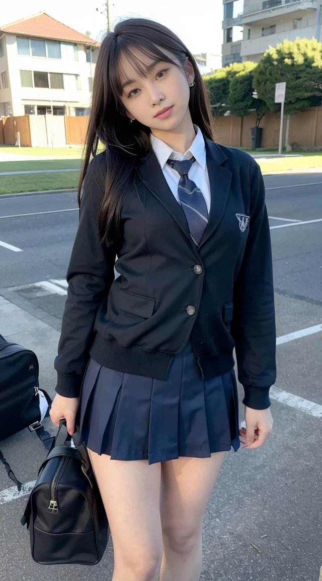 Mix 4, (16K, Raw photo, Best image quality, masterpiece: 1.45), (Realistic, Photorealistic: 1.37), One Girl, cute, Cityscape,, Professional Lighting, Photon Mapping, School classroom, Physically Based Rendering, Dark brown hair,Ponytail hairstyle, Beautiful, well-groomed eyes、((double eyelid))、Super cute girl, (((school uniform、blazer、Long-sleeved shirts worn by Japanese high school girls、Ribbon tie、Dark blue mini skirt,、Dark blue socks、Black Loafers))), Highest quality photos, High resolution, 1080P, (Clear Face), (Detailed face description), (Detailed hand description), (masterpiece), (Exquisite CGI)、Extreme light and shadow、Disheveled Hair、masterpiece、Rich details、(Beautiful Faces)、(Highest quality photoasseter muscle area)、(Detailed eyes)、Look in front of you、Thin clavicle、((Slim and large))、(((Japanese female students are wearing jackets and long-sleeved shirts)))、((Pure Idol))、((school gate、Schoolyard、School building in the background))、(Shot from random perspectives)、(((とにかくcute)))、Earrings、Big smile、Drawing the whole body from the knees、No nasolabial folds、(((Sports bags used by Japanese female students)))、(Large saggy breasts:1.2)、Firm big ass、Two arms and two legs、(((from the front:0.7)))、bare hands、(((Symmetrical eyes)))、Standing pose、Place your hands on the desk、Please do not remove the tie from the jacket、Keep your butt up:1.5,Naked:1.5,