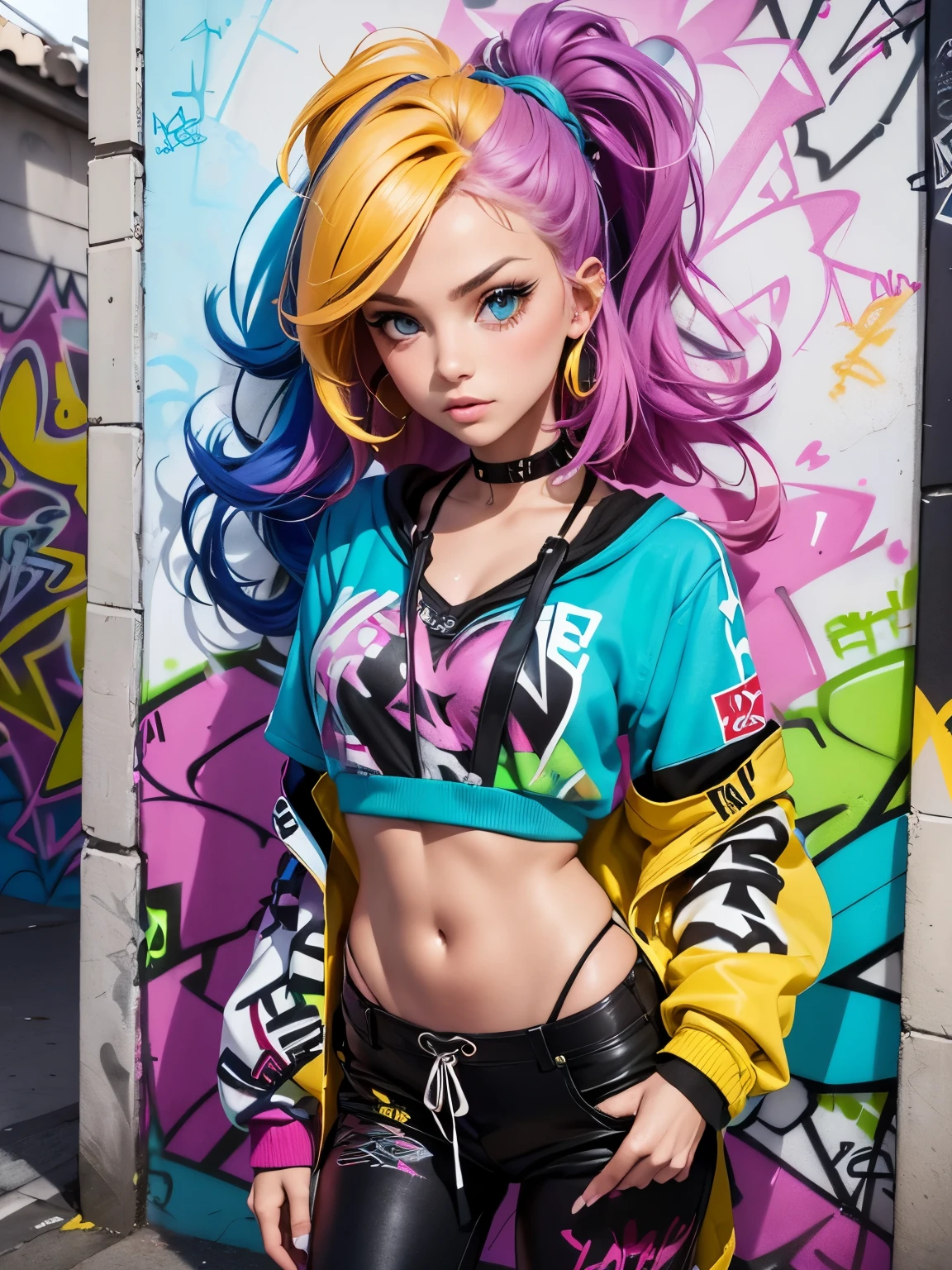 (meilleure qualité), (détail élevé), (Des couleurs vives), (style de graffitis), (style libre), (fermer), (1fille), graffeuse sexy, pulvériser des graffitis sur un mur peint avec du street art, hdr, 4K, 3D, style de graffiti.