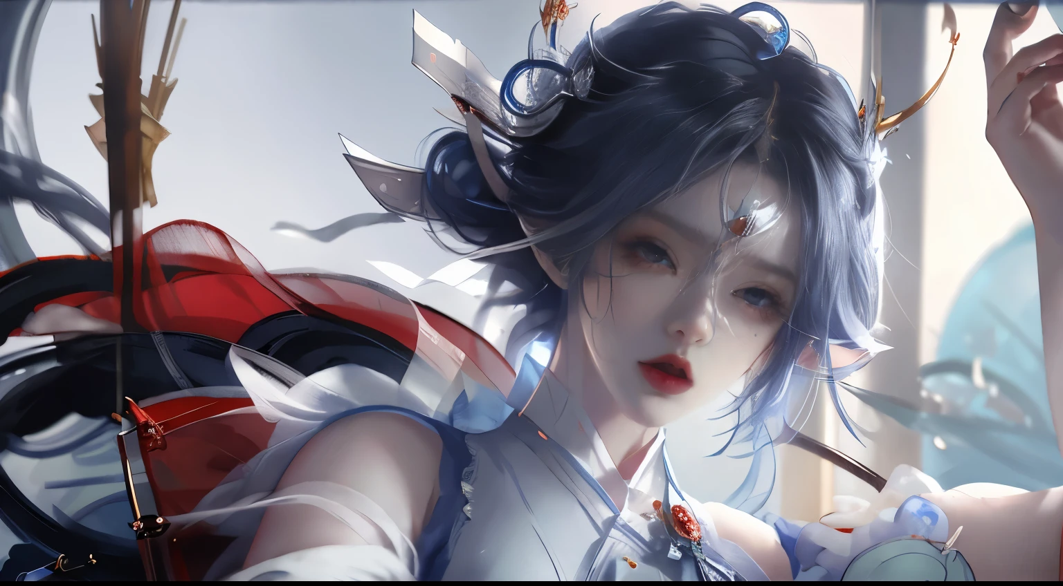 Picture of a girl in red and blue clothes looking out the window, Wojtek Fuss, Ross Tran 8k, cgsociety 8 k, cgsociety 8k, cgsociety 8k, Realistic anime 3D style, Artgerm 和 Atey Ghailan, Ilya Kuvshinov. 4K, CG Club, cgsociety Inspiration