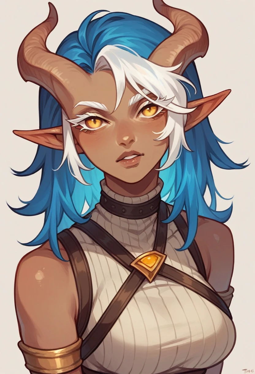 tiefling race woman, beige skin, completely golden eyes and white eyelashes, sharp syrup, straight blue hair with white highlights, with dark clothes and a rogue&#39;s hood, and some golden accessories