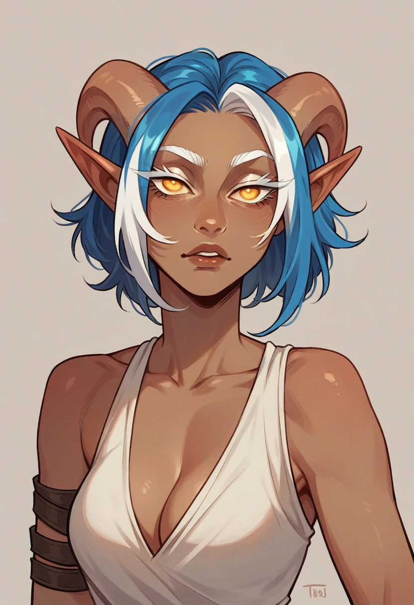 tiefling race woman, beige skin, completely golden eyes and white eyelashes, sharp syrup, straight blue hair with white highlights, with dark clothes and a rogue's hood, and some golden accessories