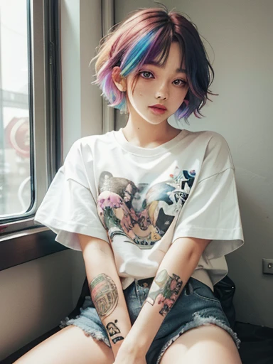 Girl with butterfly tattoo, short hair, colorful hair, colorful eyes, ultrasharp, freckles:0.8、wearing oversized Stussy t-shirt、wearing shorts