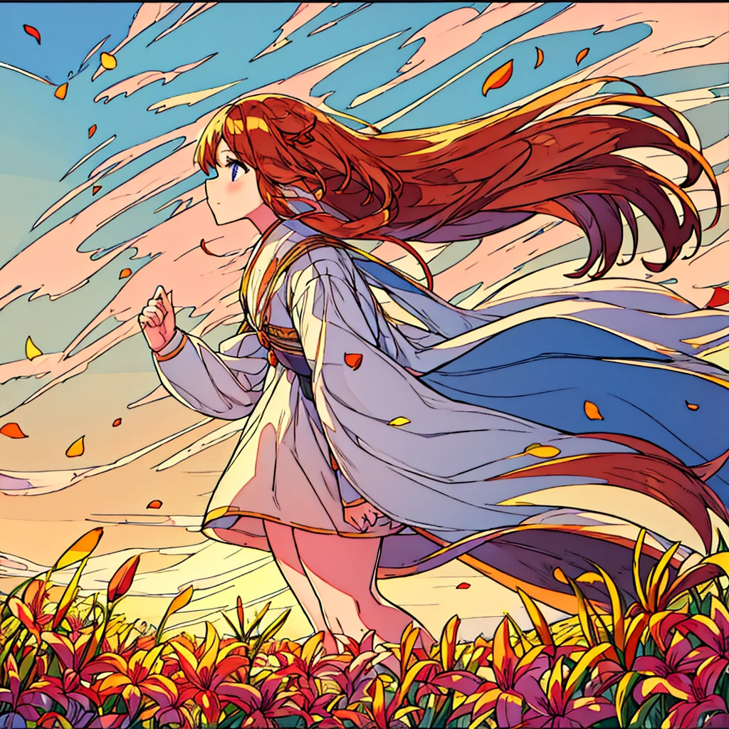 Plain sunset colored background A girl with bronze hair and white clothes Lilies Simple Chic Summer Plains Petals fluttering Wind blowing