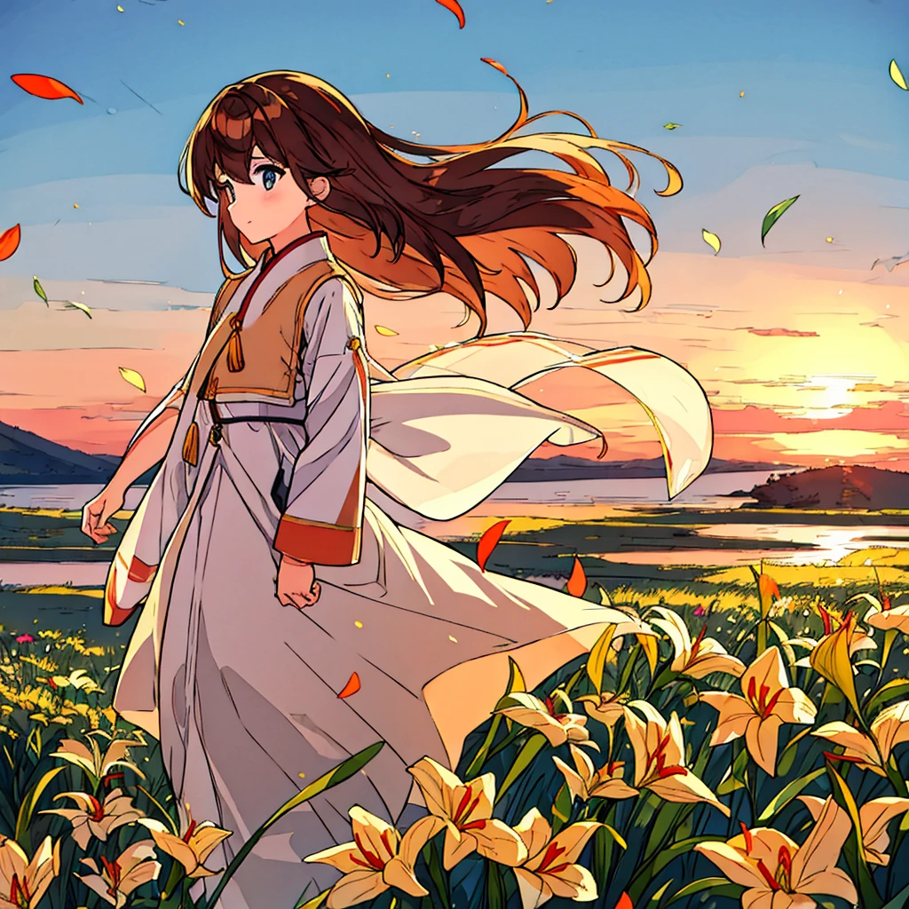 Plain sunset colored background A girl with bronze hair and white clothes Lilies Simple Chic Summer Plains Petals fluttering Wind blowing