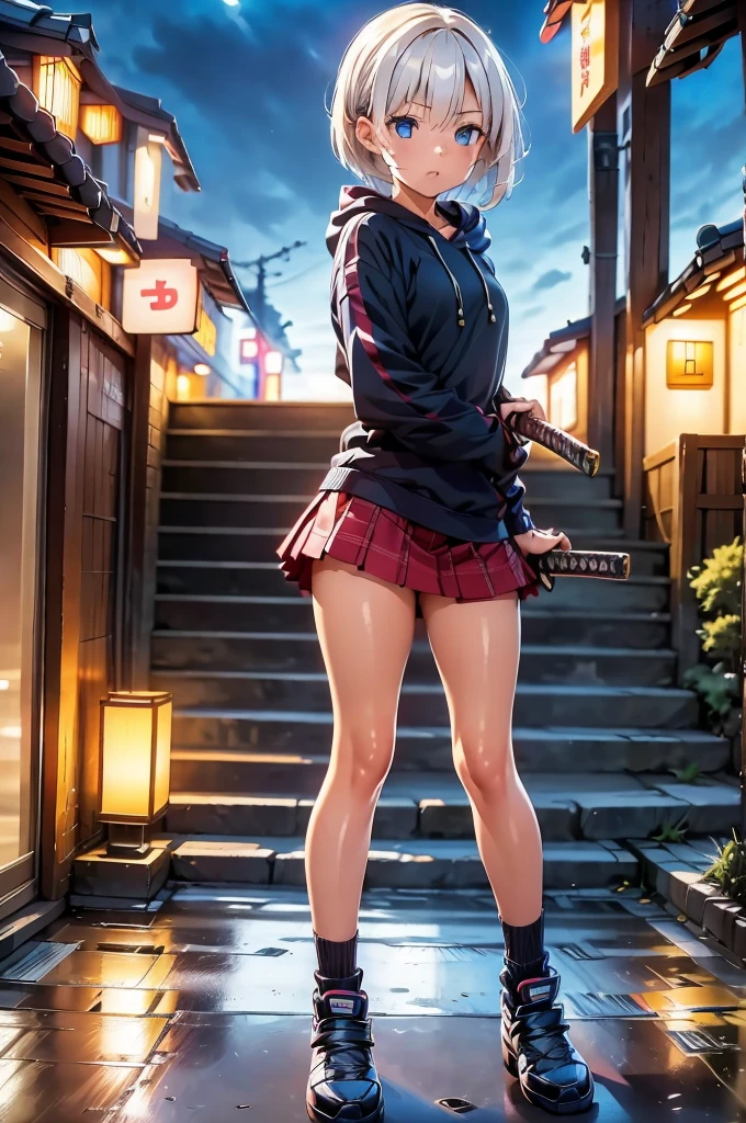 (masterpiece), (best quality), (ultra detailed), (high res 8K), 1 girl, late teenage, standing, contrappost, full body, low angle, hoody, mini-skirt,((katana)), short hair, silver hair, serious, looking away, cityscape in Tokyo, night, rim lighting, high contrast, professional lighting, stunning face, symmetrical clear eyes, detailed eyes and face,(near future)