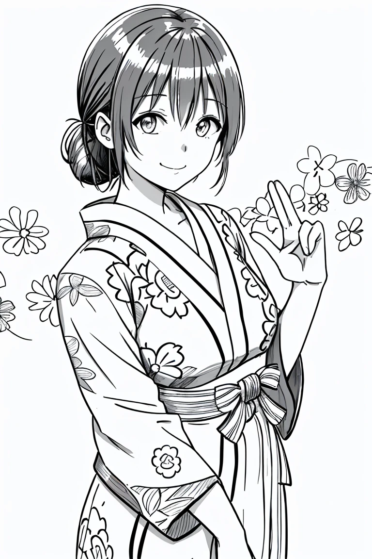 masterpiece,, One Girl, alone, short, White Background, Monochrome, Line art, ((sketch))、look forward to、Wear a yukata、Polka-dot yukata、smile、Wave your right hand、Side Ponytail、Wink、Close one eye、It's five fingers