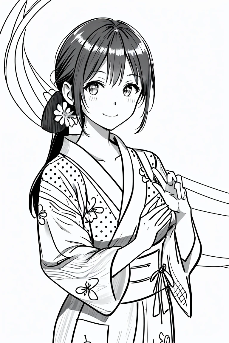 masterpiece,, One Girl, alone, short, White Background, Monochrome, Line art, ((sketch))、look forward to、Wear a yukata、Polka-dot yukata、smile、Wave your right hand、Side Ponytail、Wink、Close one eye、It's five fingers