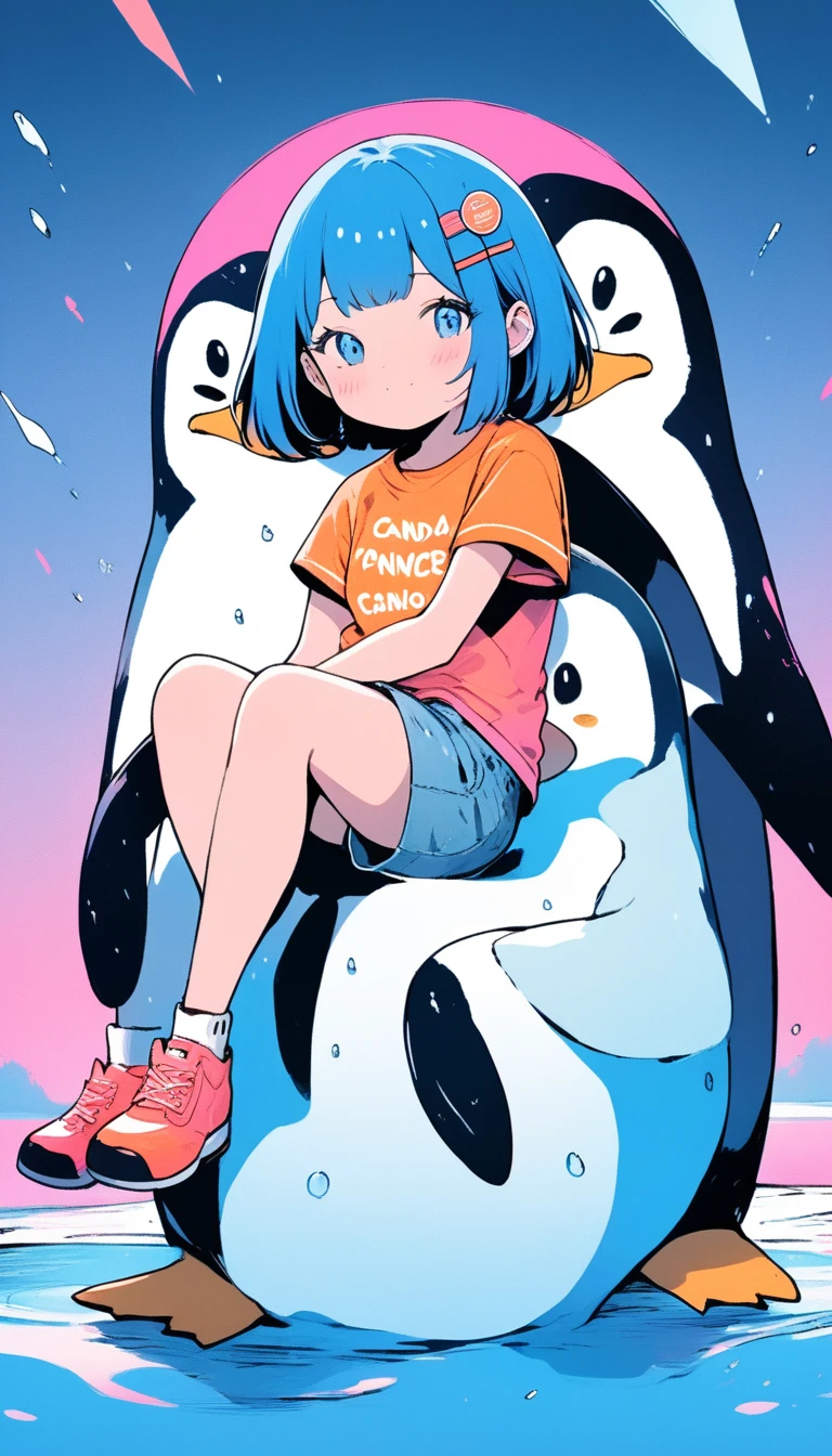 Illustrator, anime , Realistic ,sketch , 1 Girl,summer、summer ,Blue Hair、Short bob hairstyle、Sit on a big round penguin、Sit on a big round penguin、lip, T-Shirts,order, Rainy gradient background, Neon Hair,Textured Trim, Canadian, (masterpiece,Highest quality) Cancer