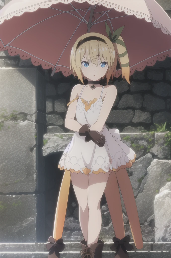 ((masterpiece)),((Highest quality)),Very detailed,Raising awareness,Explicit,beautiful body,beautiful Nose,beautiful character design,Perfect Eyes,Perfect Face,wallpaper,Ultra-high resolution,4K,photograph,(beautiful,Small breasts:1.2),(beautiful顔:1.2),beautiful足,Perfect Legs,Shiny skin,Official Style,Browsing Caution,Official Art,Create a screen capture,Anime Coloring,
One Girl,alone,umbrella,blonde,short hair,choker,Side Ponytail,ribbon,blue eyes,black choker,gloves,leg ribbon,片手gloves,hair band,whole body,hair ribbon,dress,View your audience,tress ribbon,boots,Are standing,white dress,skirt,clavicle,Beach,Outdoor,Day,
