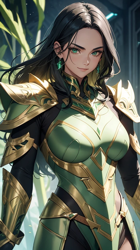 almost nude armor armor with a greenish-silver glow and gold accents reminiscent of nature, black hair, in gentle waves over your shoulders. Your carved face, with delicate features and a defined jawline and expressive green eyes, smiling and happy