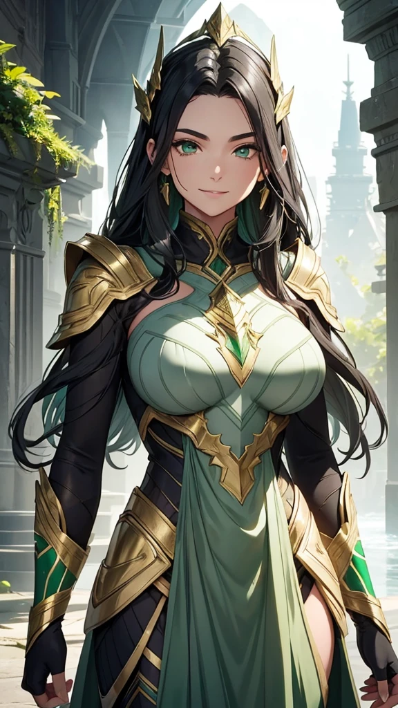 almost nude armor armor with a greenish-silver glow and gold accents reminiscent of nature, black hair, in gentle waves over your shoulders. Your carved face, with delicate features and a defined jawline and expressive green eyes, smiling and happy