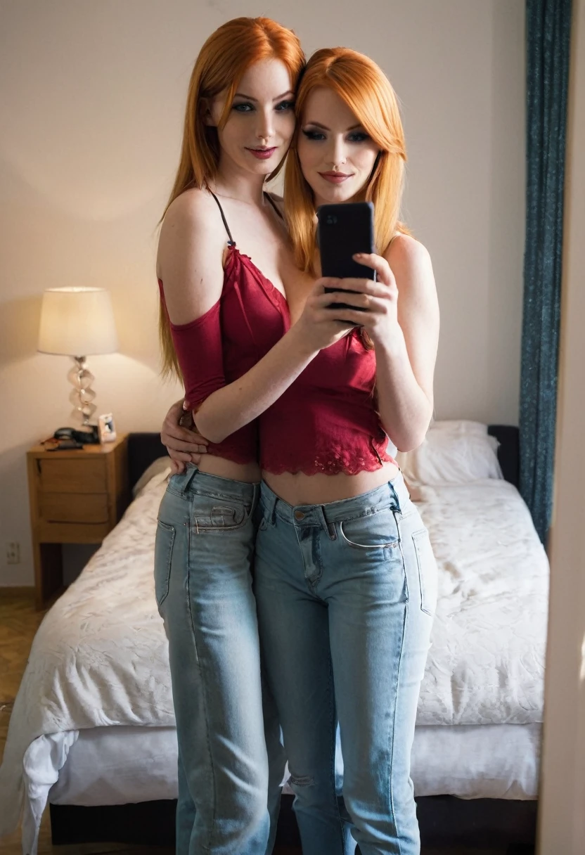 best resolution, 2 heads, two different people become conjoined, different heads, long blonde hair, short red hair, eyeliner, 25 years old, cute, flirting, horny, sexy, standing in bedroom, topless, holding phone, taking a photo, 