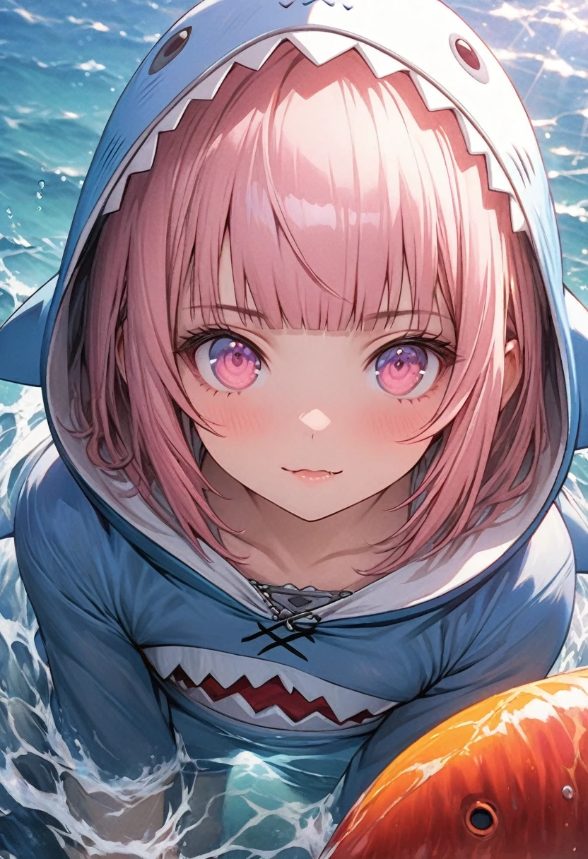 masterpiece, Highest quality, Highly detailed CG Unity 8k wallpaper, Illustration of a cute girl in a shark costume. Playing in the sea. Sunlight reflecting off the sea, Produce a variety of colors. The background is a realistic representation,(Wearing a hood),Pink bob hair,(((Hime cut))),(Align your bangs evenly),Pink Eyes,