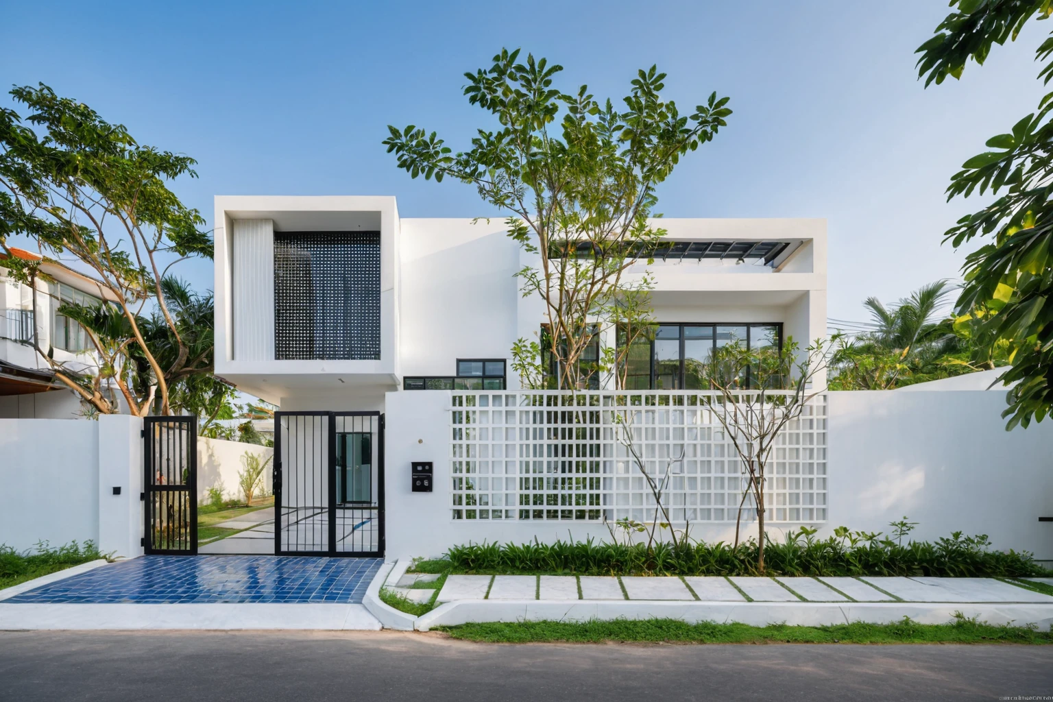 RAW photo , A white minimalism woodandwhite modern house with a double story and simple architecture, surrounded by trees in the yard of Vietnam, featuring a black metal gate and fence, landscape design, natural light, clear sky, blue background, high resolution photography, architectural photography, architectural appearance. The building has square windows made from white ceramic tiles, while the walls feature grid designs, There is also an entrance to another home nearby in the style of architectural photography, road, sidewalk, sidewalk trees, 8k uhd, dslr, soft lighting, high quality, film grain, Fujifilm XT3, (curvilinear archrchitecture: 1.5)
