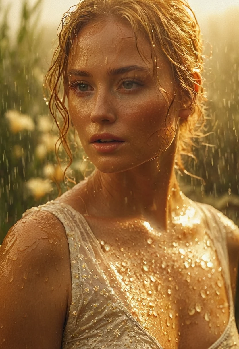 Beautiful curvy freckled blonde woman, David Hamilton Style, summer, wet, backlighting, golden hour, amazing, in the dusty attic, soaked jeans, hazy foggy etheral morning, detailed face, detailed symmetrical circular iris, realist, stunning realist photograph, octane rendering, intricately detailed, cinematographic, tiny tousled fabric, sultry, Fair, exposed, boxers, camel towel in shorts, detailed face, foggy, sweaty, rays of god, Hoar, atmospheric, Photojournalism, busy background, volumetric lighting, neoexpresionism, Artistic photography, magnificent mood, misty morning, surrounded by flowers and petals, touching her ass, sun rays on the skin, sweaty, wide, ultrarealist, nakedness, sending a kiss