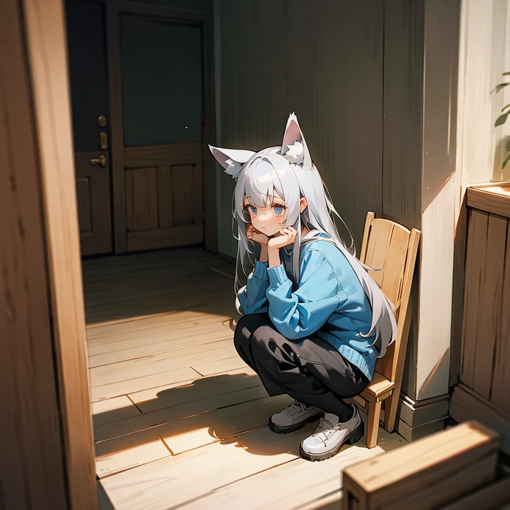 A girl with gray hair with gray cat ears, squatting in the corner of the room, looks confused and a little scared. Background: Room with wooden table