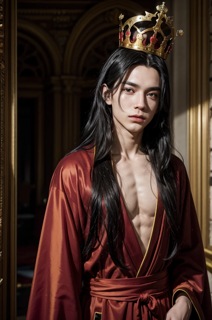 young man in a long red robe, long black hair, with a crown on his head, in a royal hall