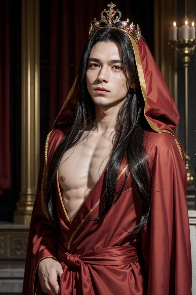 young man in a long red robe, long black hair, with a crown on his head, in a royal hall
