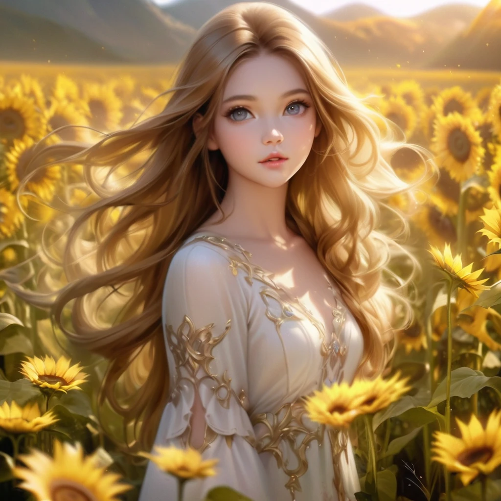 Long-haired woman standing in a field of yellow sunflowers, Fairy beautiful sunflower anime girl, Beautiful digital artwork, Beautiful digital art, Cute and intricate digital art, Cute digital art, Beautiful and amazing digital art, Realistic cute girl drawing, Gorgeous digital painting, Beautiful and realistic photos, Beautiful fantasy art portraits, 