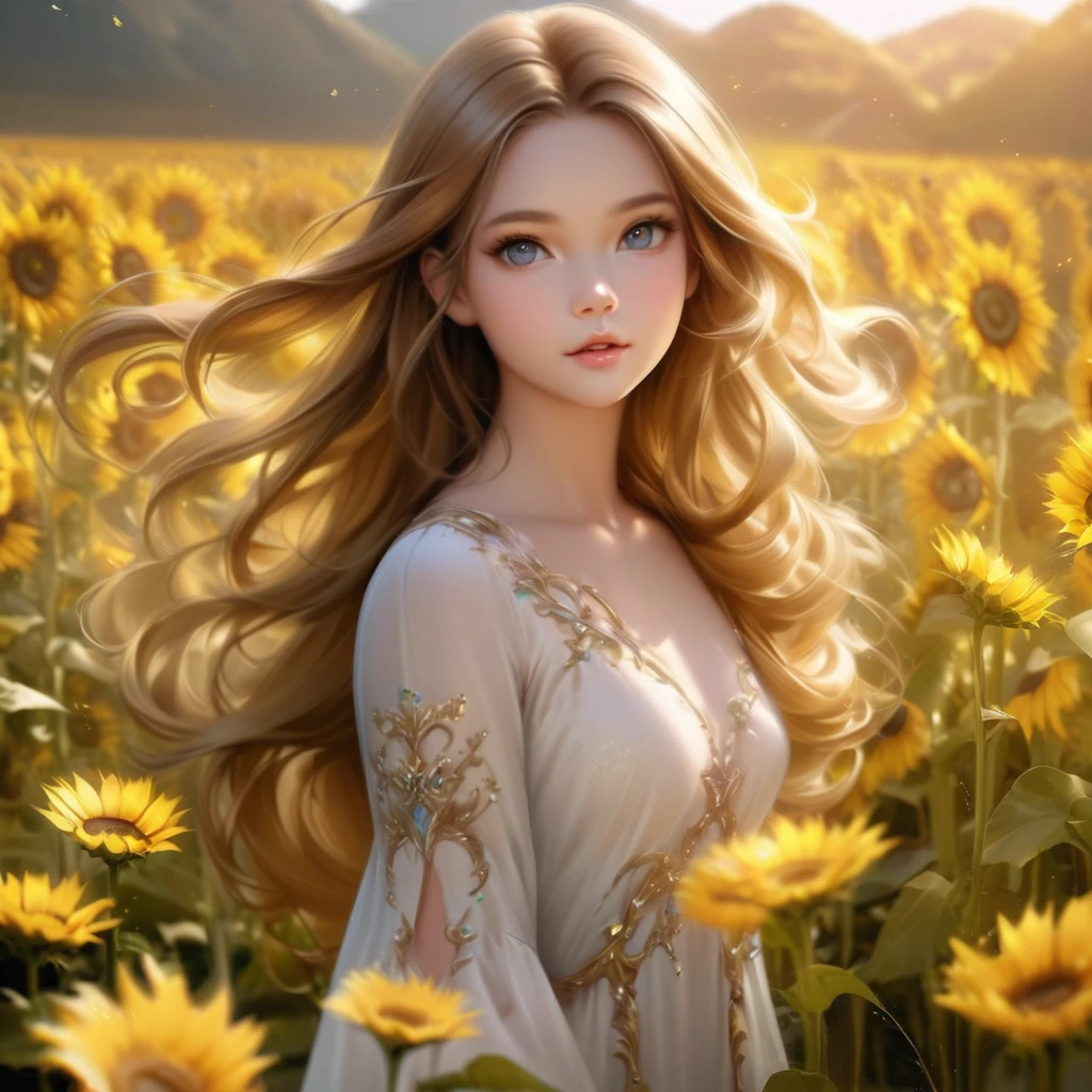 Long-haired woman standing in a field of yellow sunflowers, Fairy beautiful sunflower anime girl, Beautiful digital artwork, Beautiful digital art, Cute and intricate digital art, Cute digital art, Beautiful and amazing digital art, Realistic cute girl drawing, Gorgeous digital painting, Beautiful and realistic photos, Beautiful fantasy art portraits,