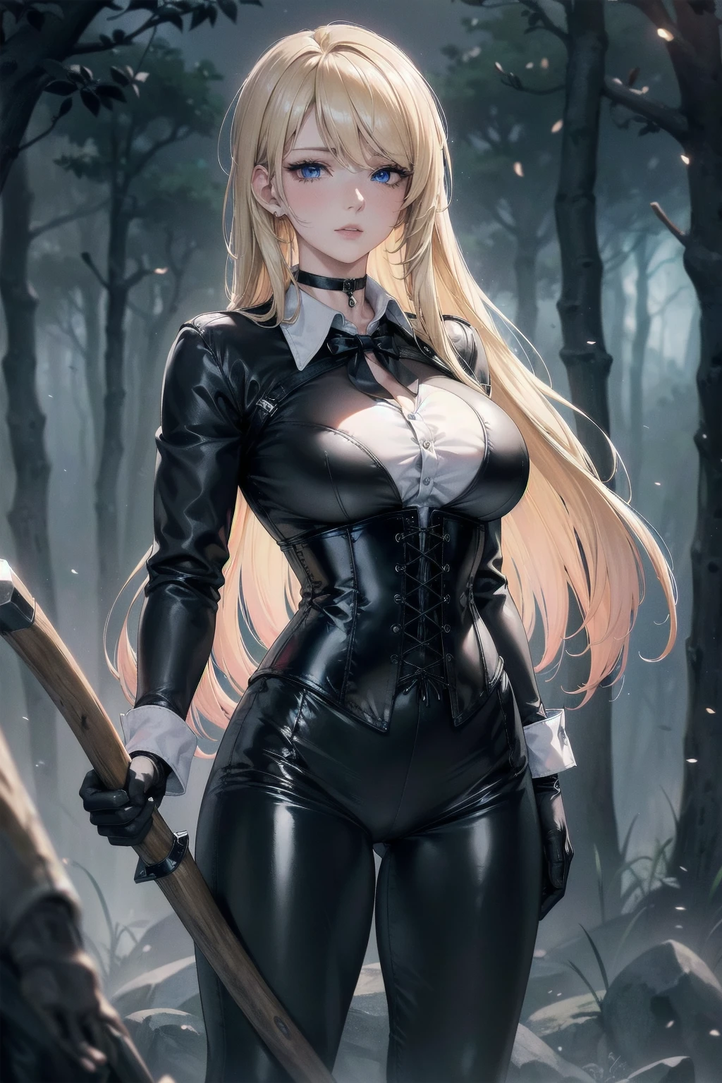 Masterpiece, Superior image quality, high resolution, 4k image,photo and gross, photorealistic, whole body, distant view, 1 young man of 15 years, {{{vagina}}}, big breasts, beautiful face, Long blonde hair, blue eyes, very detailed eyes, pink cheeks, shy expression, choker:1.6, (white collar button down long sleeve shirt), black gloves, gloves that cover hands, (holding an ax in the right hand), (black leather corset), (shiny black leggings), Sensual Lips, show details in the eyes, View from the front, looking at the viewer, dark forest path, evening, Atmosphere, fog