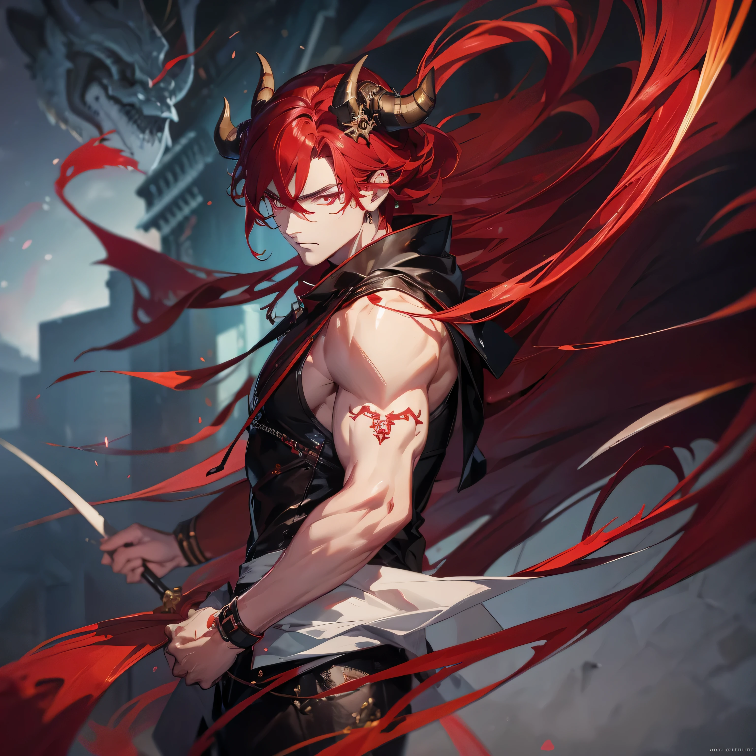 1 handsome guy in demon killer art, demon horn, red hair,, Inspired by Bian Shoumin, heise jinyao, Inspired by Seki Dosheng, Cai Xukun, by Yang J, Guviz-style artwork, Deviantart ArtStation CGSCOSIETY, demon slayer rui fanart, 8k, hd, unreal engine, manly, handsome,