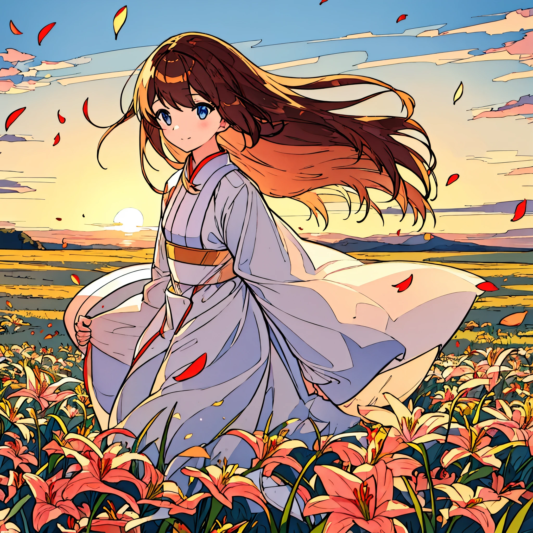 Plain sunset colored background A girl with bronze hair and white clothes Lilies Simple Chic Summer Plains Petals fluttering Wind blowing