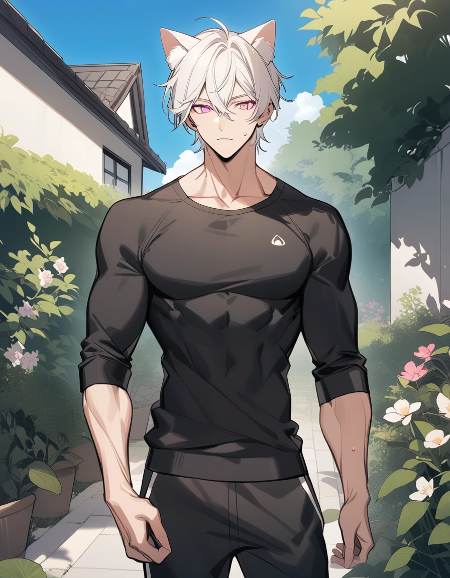 young man, White hair, pink eyes, Cat's ear, black long sleeve shirt, sweatpants , muscled body, Tuuli, blue sky, Garden