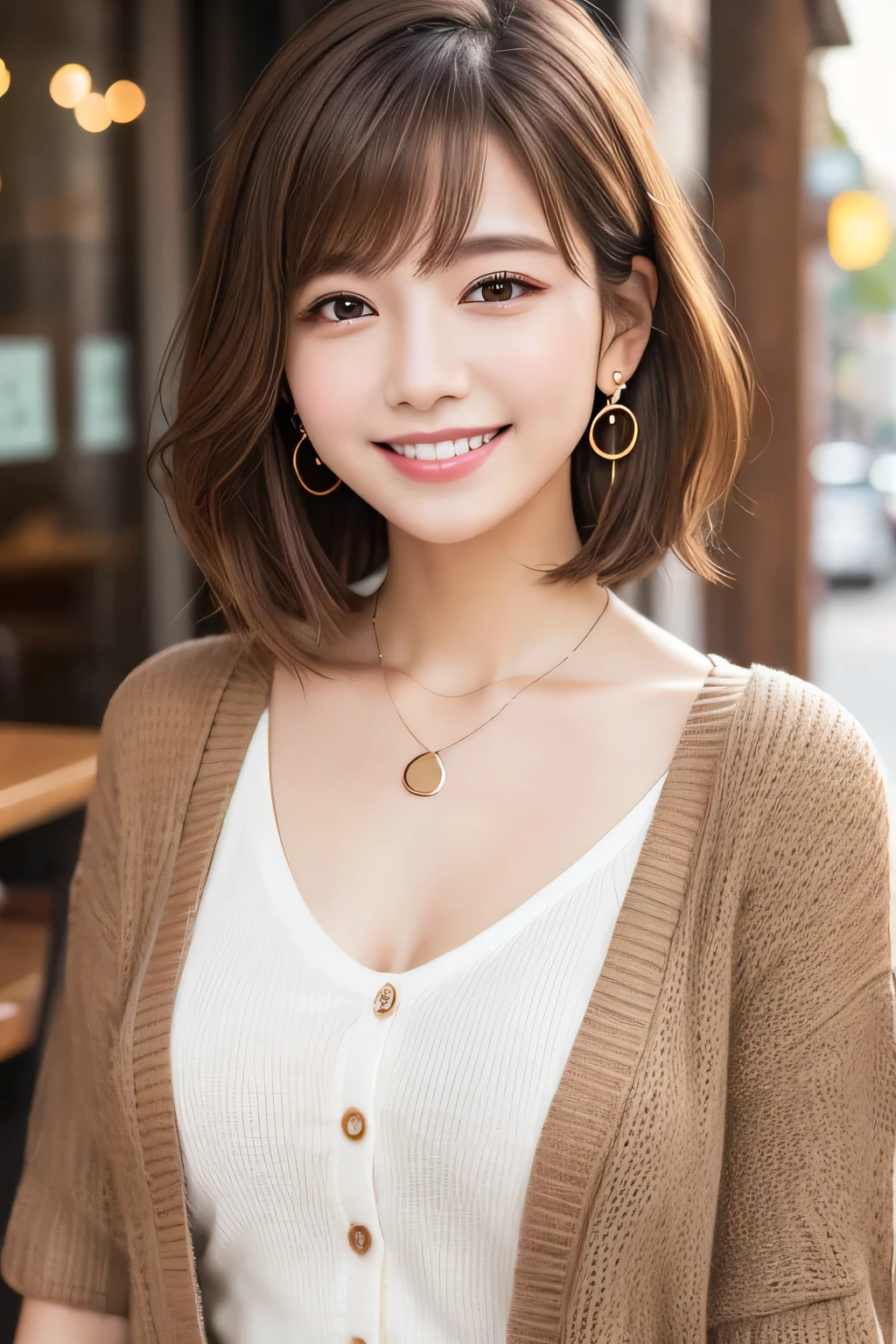 )Light brown hair、Clear beauty、Short Haircut、Wavy Hair、cardigan、blouse、Ear piercing、Necklace around the neck、smile、Beautiful teeth alignment、Intricate details, Very detailed:1.2), 、 Looking into the camera、The background is a coffee shop