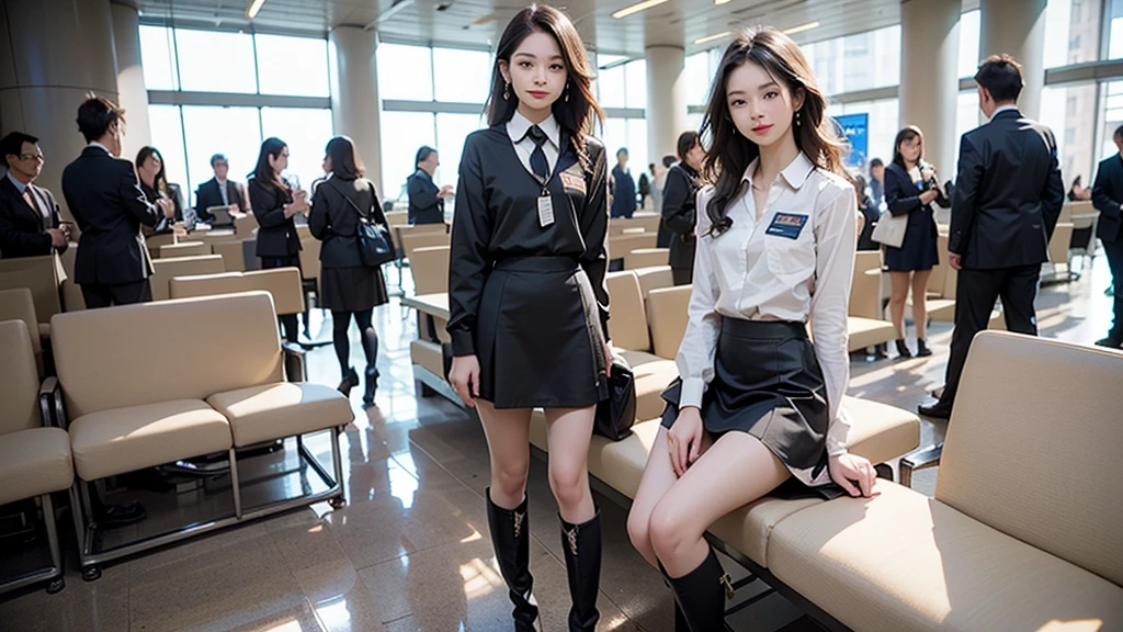 Brown wavy hair, Brown eyes, hair band, Heavy makeup、55-year-old middle-aged woman,Have nasolabial folds、Confused expression、Japanese Mature, 8K, Perfect beauty: 1.4, ((small ,:1.2)) , Long legs:1.0、Nikon Z85mm, ((Highest quality)) ,((Tabletop)), Intricate details, Professional, Realistic, Realistic, Very detailed、 Shiny skin, Very delicate and beautiful, ((Stewardess Uniform、mini skirt)):1.2、(Two women standing at the airport:1.2), hair ornaments, earrings、(Knee high long boots with high pin heel):1.6、Shoot from the front:1.4、Full Body Shot