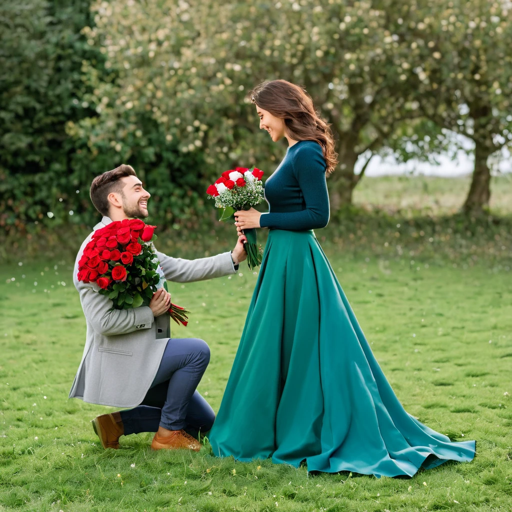 "A young man kneels on one knee, holding a bouquet of red roses, while proposing to a woman standing in front of him. The scene is filled with small hearts floating between them, indicating a romantic atmosphere. The man wears a grey jacket and blue pants, while the woman wears a long green skirt and a blue sweater."