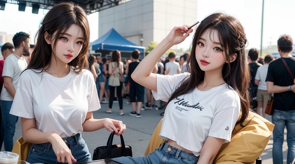 A classic white tee and distressed jeans look.、A single woman who exudes confidence and effortless style(1 Female)A masterpiece that captures the essence of(quality:1.2)。Her minimalist makeup style highlights her natural beauty..、Her messy hairstyle lends a casual charm。The scene was、Located in the vibrant surroundings of music festivals and the trendy downtown district。photograph、In its highest quality resolution、beautiful, Modern and easygoing encapsulation