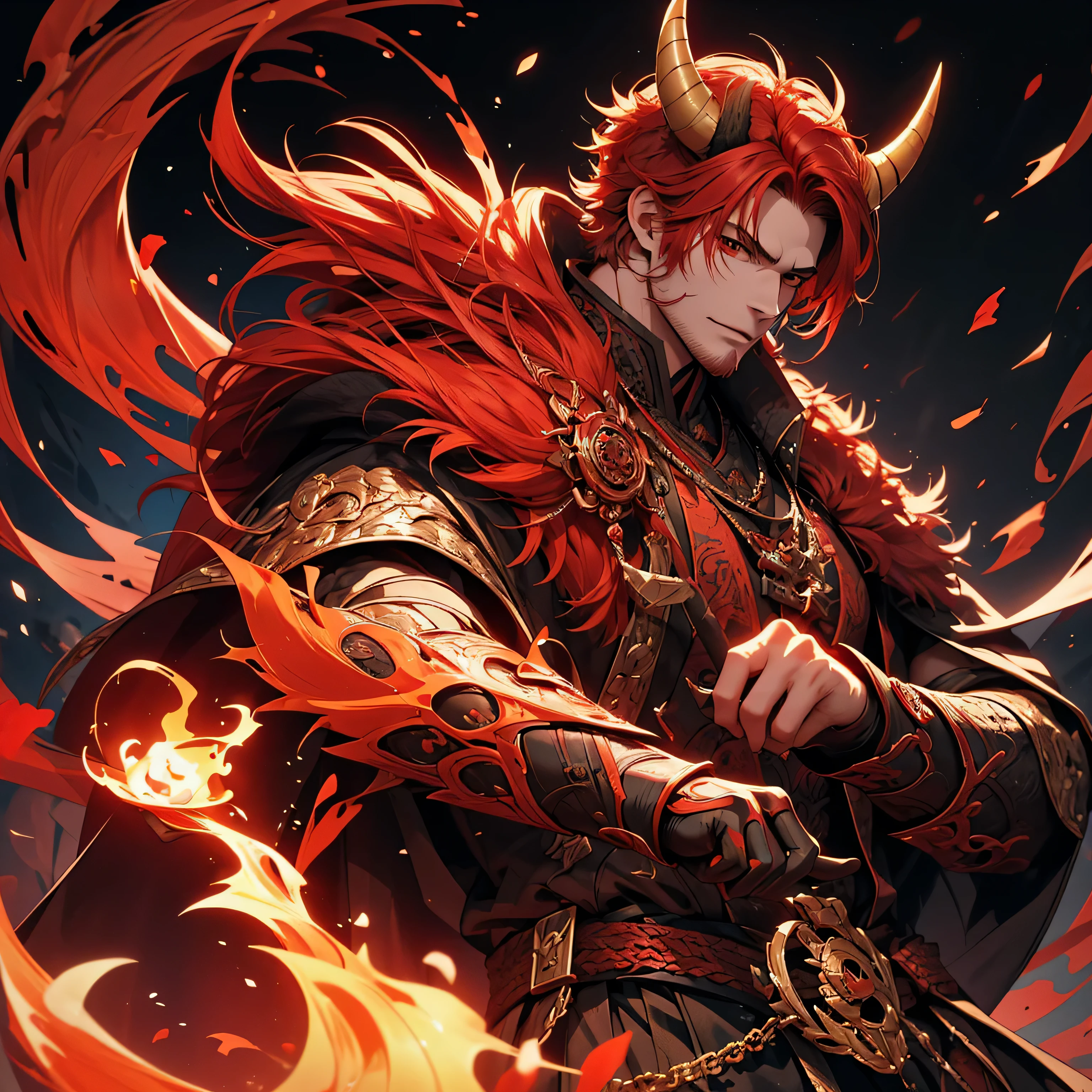 1 handsome guy in demon killer art, demon horn, red hair,, Inspired by Bian Shoumin, heise jinyao, Inspired by Seki Dosheng, Cai Xukun, by Yang J, Guviz-style artwork, Deviantart ArtStation CGSCOSIETY, demon slayer rui fanart,