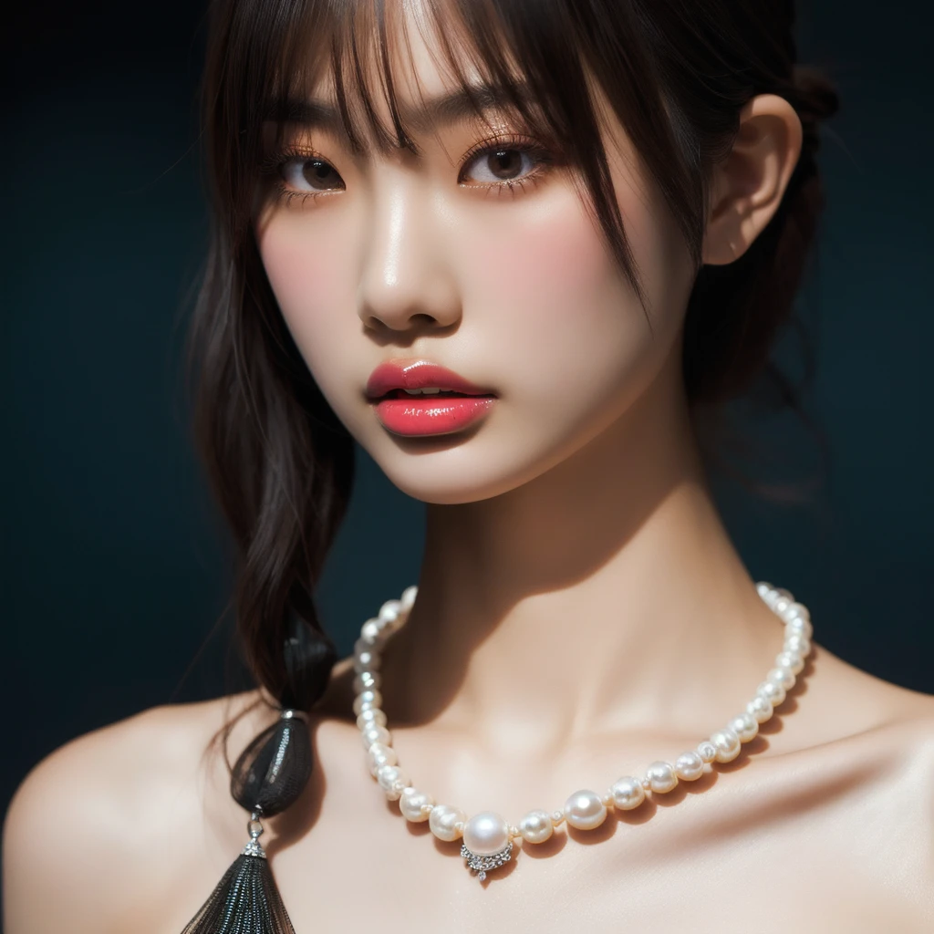 a delicate asian female goddess with shaved head wearing a black and white outfit, extremely detailed close-up portrait, pearl necklace and chains, 4k, japanese goddess, cruel korean goth girl, high resolution asian macro giant woman, pearl neon bikini, webcam footage, 32k ultra high resolution