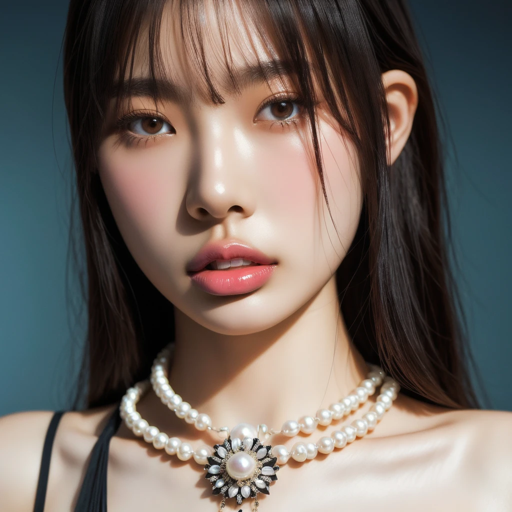 a delicate asian female goddess with shaved head wearing a black and white outfit, extremely detailed close-up portrait, pearl necklace and chains, 4k, japanese goddess, cruel korean goth girl, high resolution asian macro giant woman, pearl neon bikini, webcam footage, 32k ultra high resolution
