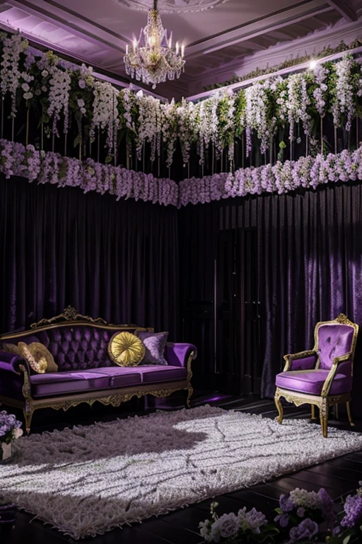 Illuminating the black jungle with white castles, lilac floral madness, violets and yellows, a gloomy room, glamorous and ostentatious in a gothic castle 