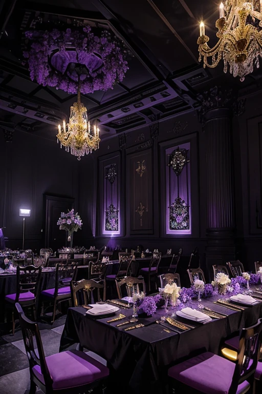Illuminating the black jungle with white castles, lilac floral madness, violets and yellows, a gloomy room, glamorous and ostentatious in a gothic castle 