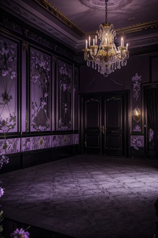 Illuminating the black jungle with white castles, lilac floral madness, violets and yellows, a gloomy room, glamorous and ostentatious in a gothic castle