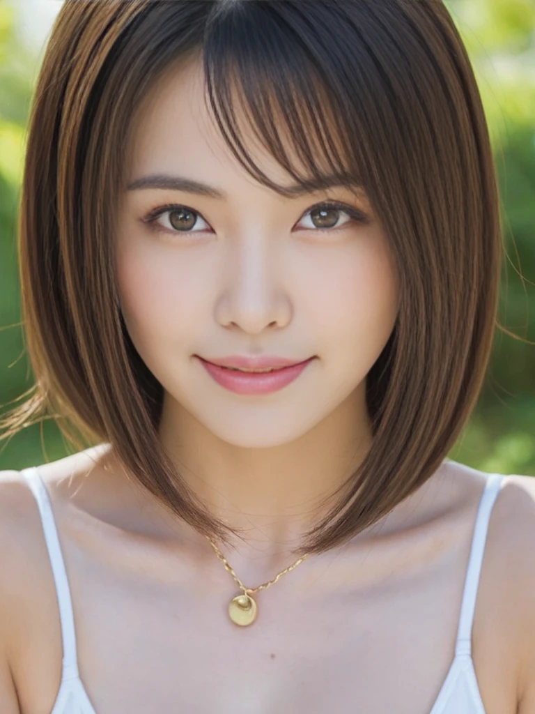 Ultra-high resolution, Highest quality, Only One Woman, One Face, bust, Beautiful woman, Very sexy body, Big breasts looking straight into the camera, Gaze looking at the camera, Sexy look, Hold your chest between your arms to create cleavage, chest closer, Beautiful clavicle, Beautiful belly button, Coquettish smile, Smile, Cute expression, Mouth closed, Skin luster, Big eyes, Pupil highlights, Transparent double eyelids, eyelash, Long neck, Beautiful clavicle, Beautiful Short Hair, Shiny black hair, bangs, Pure white, no background, Listen carefully, Random Color Swimsuit, Attractive swimsuit, Very small swimsuit, Swimsuits that seem to be visible but invisible, share, mischief body, transformation, mischief, My cheeks turned a little red, Embarrassing, Laugh shyly, sun Apply oil to the skin, Gloss for lips, Overwhelming charm, Unparalleled transparency, Transparent charm, Long neck, gloss in the mouth, Apply oil to the skin, Listen carefully, Golden ratio face, Golden ratio body, White skin