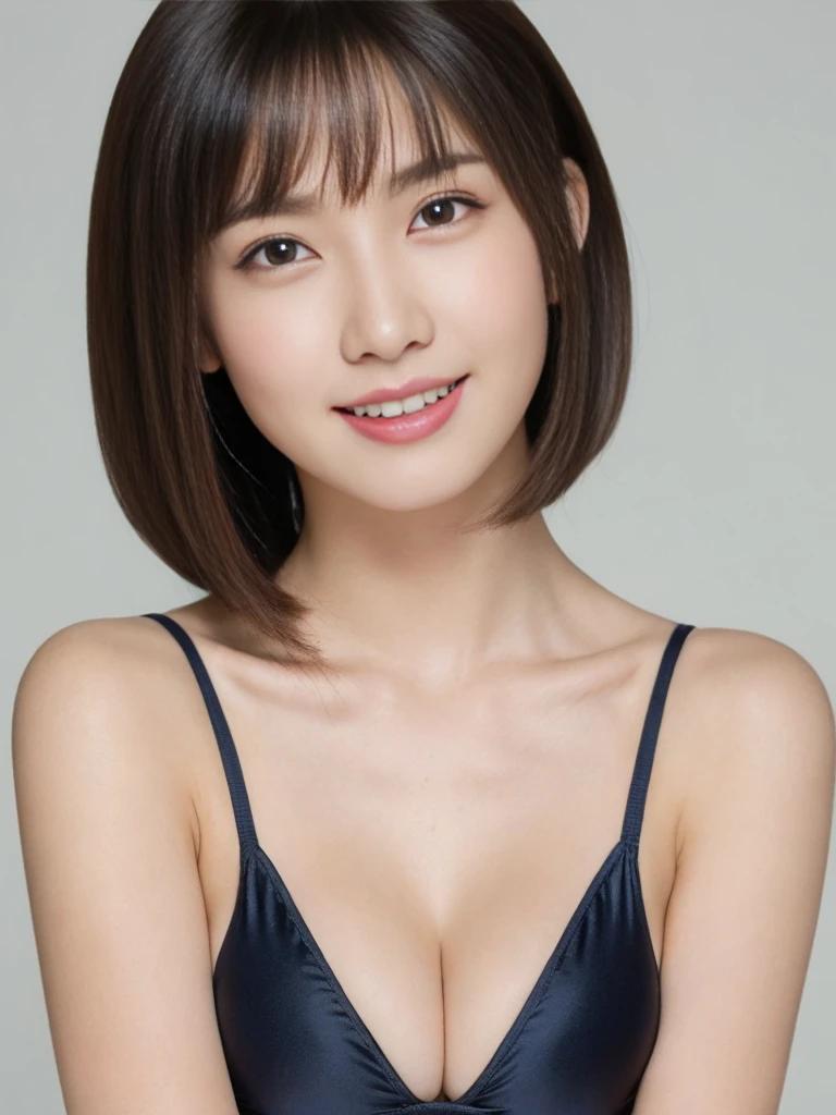 Ultra-high resolution, Highest quality, Only One Woman, One Face, bust, Beautiful woman, Very sexy body, Big breasts looking straight into the camera, Gaze looking at the camera, Sexy look, Hold your chest between your arms to create cleavage, chest closer, Beautiful clavicle, Beautiful belly button, Coquettish smile, Smile, Cute expression, Mouth closed, Skin luster, Big eyes, Pupil highlights, Transparent double eyelids, eyelash, Long neck, Beautiful clavicle, Beautiful Short Hair, Shiny black hair, bangs, Pure white, no background, Listen carefully, Random Color Swimsuit, Attractive swimsuit, Very small swimsuit, Swimsuits that seem to be visible but invisible, share, mischief body, transformation, mischief, My cheeks turned a little red, Embarrassing, Laugh shyly, sun Apply oil to the skin, Gloss for lips, Overwhelming charm, Unparalleled transparency, Transparent charm, Long neck, gloss in the mouth, Apply oil to the skin, Listen carefully, Golden ratio face, Golden ratio body, White skin