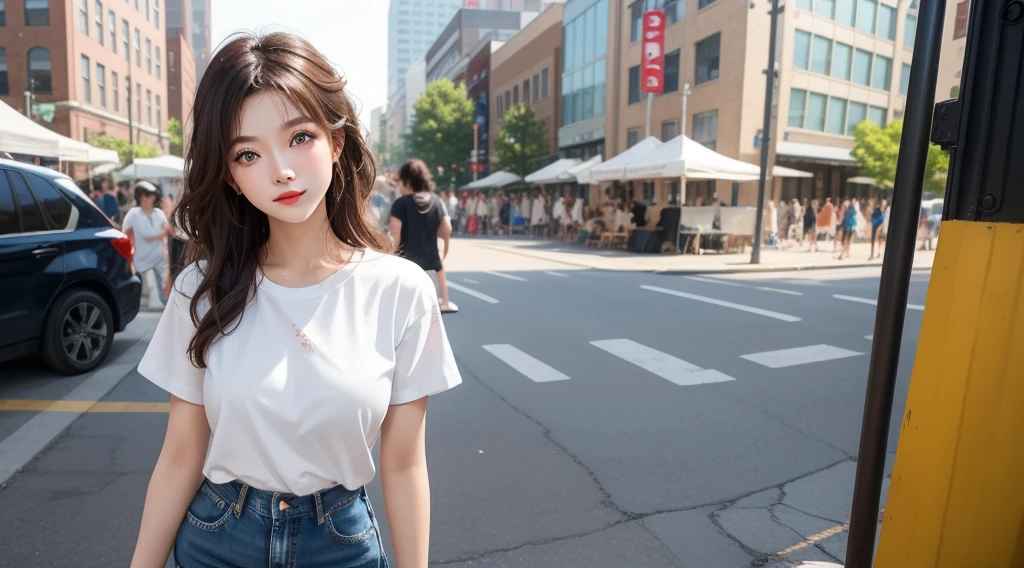 A classic white tee and distressed jeans look.、A single woman who exudes confidence and effortless style(1 Female)A masterpiece that captures the essence of(quality:1.2)。Her minimalist makeup style highlights her natural beauty..、Her messy hairstyle lends a casual charm。The scene was、Located in the vibrant surroundings of music festivals and the trendy downtown district。photograph、In its highest quality resolution、beautiful, Modern and easygoing encapsulation