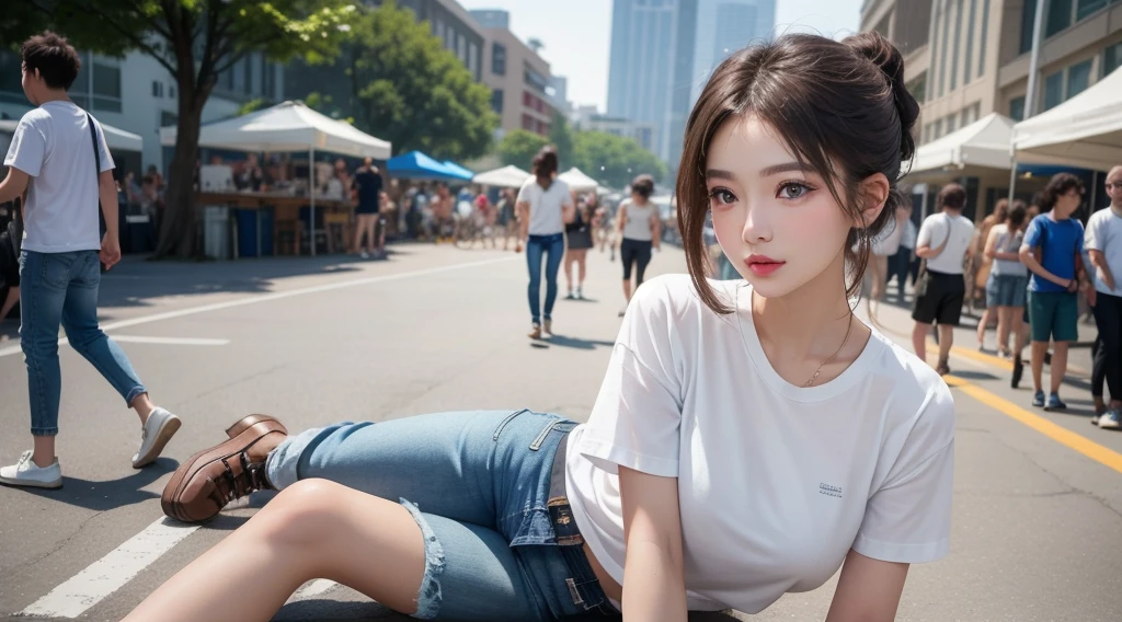 A classic white tee and distressed jeans look.、A single woman who exudes confidence and effortless style(1 Female)A masterpiece that captures the essence of(quality:1.2)。Her minimalist makeup style highlights her natural beauty..、Her messy hairstyle lends a casual charm。The scene was、Located in the vibrant surroundings of music festivals and the trendy downtown district。photograph、In its highest quality resolution、beautiful, Modern and easygoing encapsulation