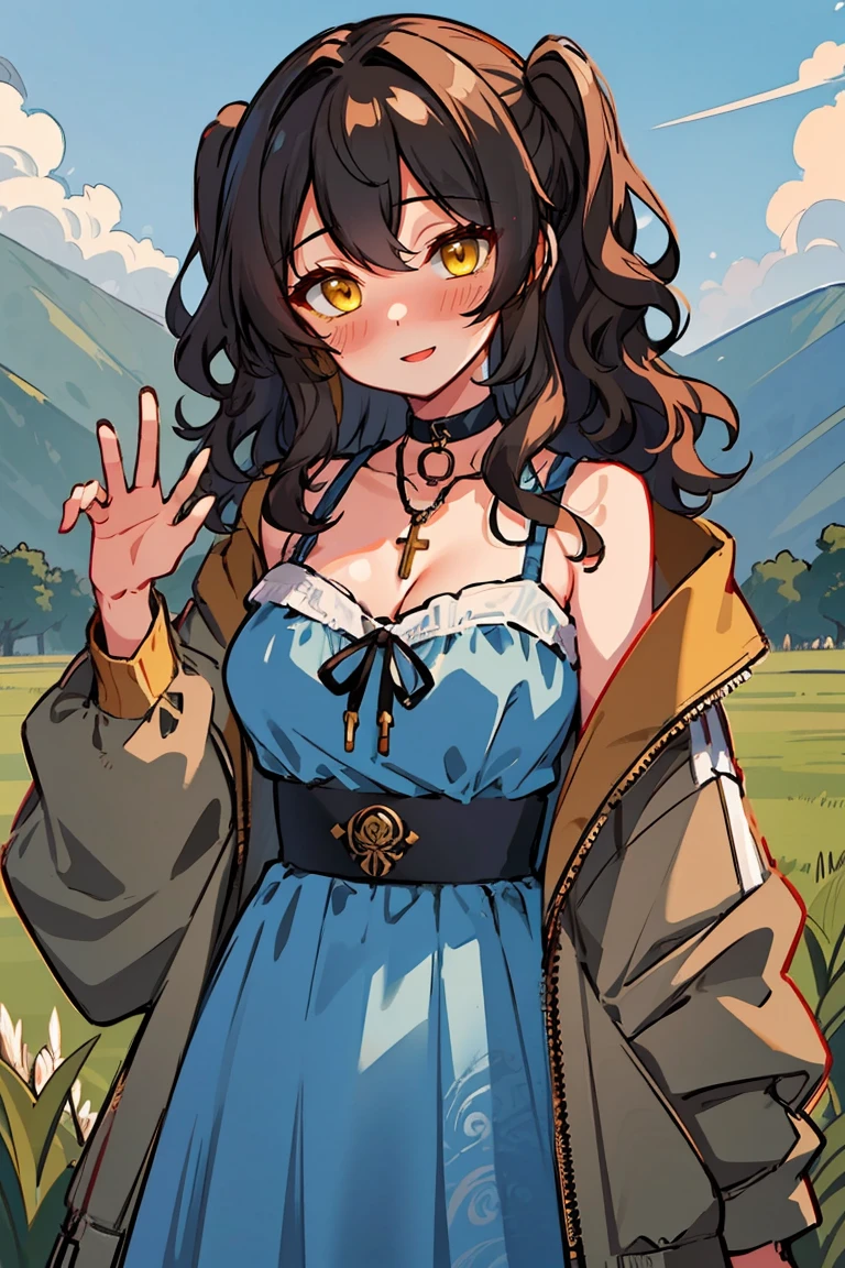 (masterpiece:1.2), (high quality:1.2), (hui xiyi:0.7), rekkyo sensen, rekkyou sensen, girls with((1girl, solo, black hair, yellow eyes, (wavy medium hair, one side up:1.5), blush, breasts, choker, cleavage, coat, cowboy shot, blue dress, ribbon waist belt, collar, collarbone, rosary, rosary choker, cross, fur, khaki jacket, green jacket, hood down, hooded coat, hooded jacket, hoodie, jacket, large breasts, long hair, long sleeves, medium breasts, open clothes, open coat,open hoodie, sleeveless, winter clothes, zipper, cleavage, upper body, hand up, waving, palm)), background with((architecture, blue sky, bush, castle, village, no humans, cloud, cloudy sky, day, field, garden, grass, hill, house, lamppost, landscape, mountain, mountainous horizon, nature, no humans, outdoors, scenery, shrine, sky))