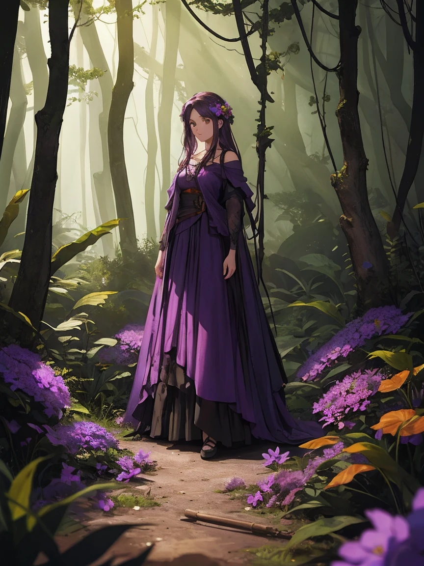 a beautiful purple flower in a dark forest, in the style of hyper-realistic sculptures, dark orange and green, post-apocalyptic backdrops, light red and yellow, museum gallery dioramas, soft, dreamy scenes, orange and green