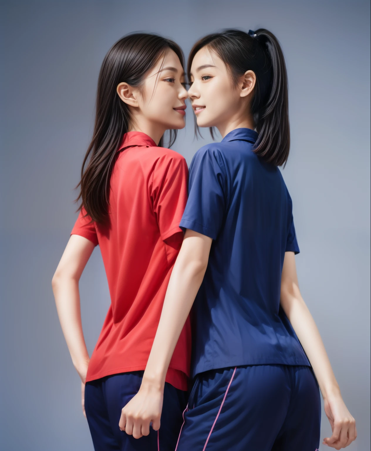 (best quality,10,10,height,Masterpiece:1.2),Special details,(realistic,ภาพrealistic,Realistic photos:1.37),1 Cute girl in the kitchen,shiny, ผิวshiny,only,smile softly,BDclothelue shirt:1.3)),short sleeve,shirt, กางเกงขาlong.,(navy_long_track pants:1.1), ((Kitchen Background)),Dynamic angle,excited,Face focus,dynamic poses,from behind,focus on ass,Masterpiece, best quality, ultra realistic, hyper detail, 8k resolution, raw photos, Sharp focus, ((Navy blue shirt:1.1)), short sleeve, เส้นทางlong, perfect body, 2 mature women, 18 years old, Cinema-grade lighting system,blue sweatpants,shirtผ้าออกกำลังกาย,correct anatomy,perfect body, correct body, Sharp face, correct bodyทางกายวิภาค, full body, realistic gestures, long-haired, realistic poses,Wear long shorts...........................,ช่วงขาlong,Good shape,carved girl, Slender figure, model, Good shape, beautiful body,blue sweatpants, two girls kissing